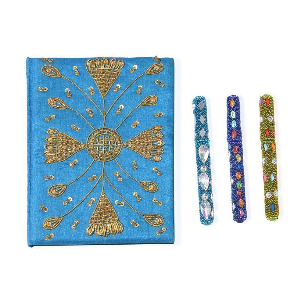 Embroidered Notebook (7 x 5 in) with Set of 3 Pens